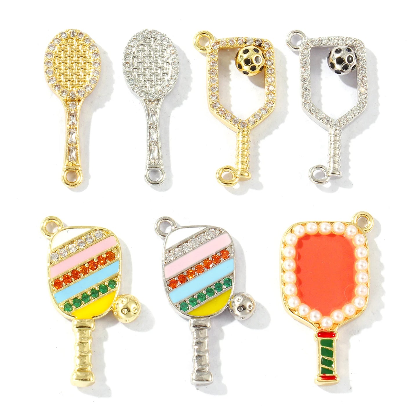 2 Pcs Brass Sport Charms Multicolor Racket Pickleball Paddle Badminton Racket Cubic Zirconia Pendants For DIY Necklace Making