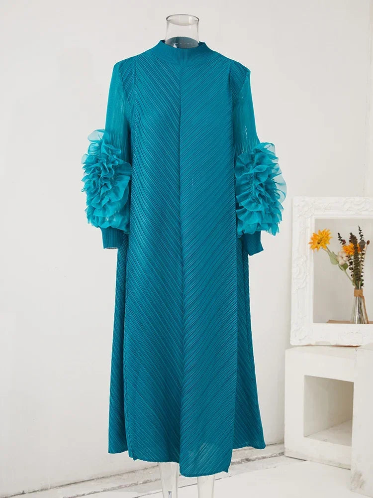 YUDX High Quality Maxi Miyake Pleated Dress Round Neck Spliced Fungus Full Sleeve Dresses For Women 2025 New Spring Clothing