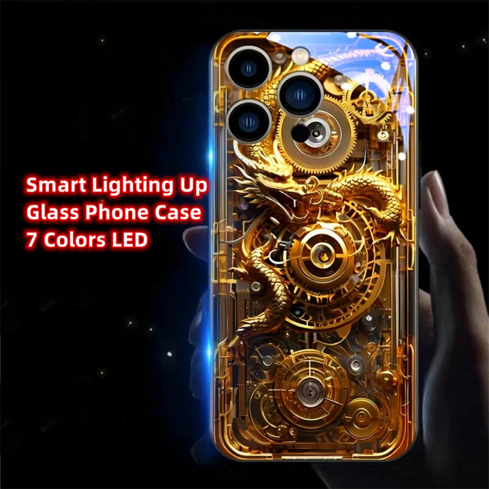 Wood Grain Dragon Emblem Sound Control LED Flash Cases Luminous Glass Cover For XiaoMi 15 14 13 12 11 Pro Ultra