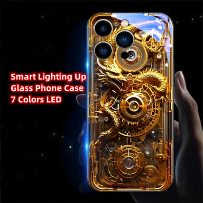 Wood Grain Dragon Emblem Sound Control LED Flash Cases Luminous Glass Cover For XiaoMi 15 14 13 12 11 Pro Ultra