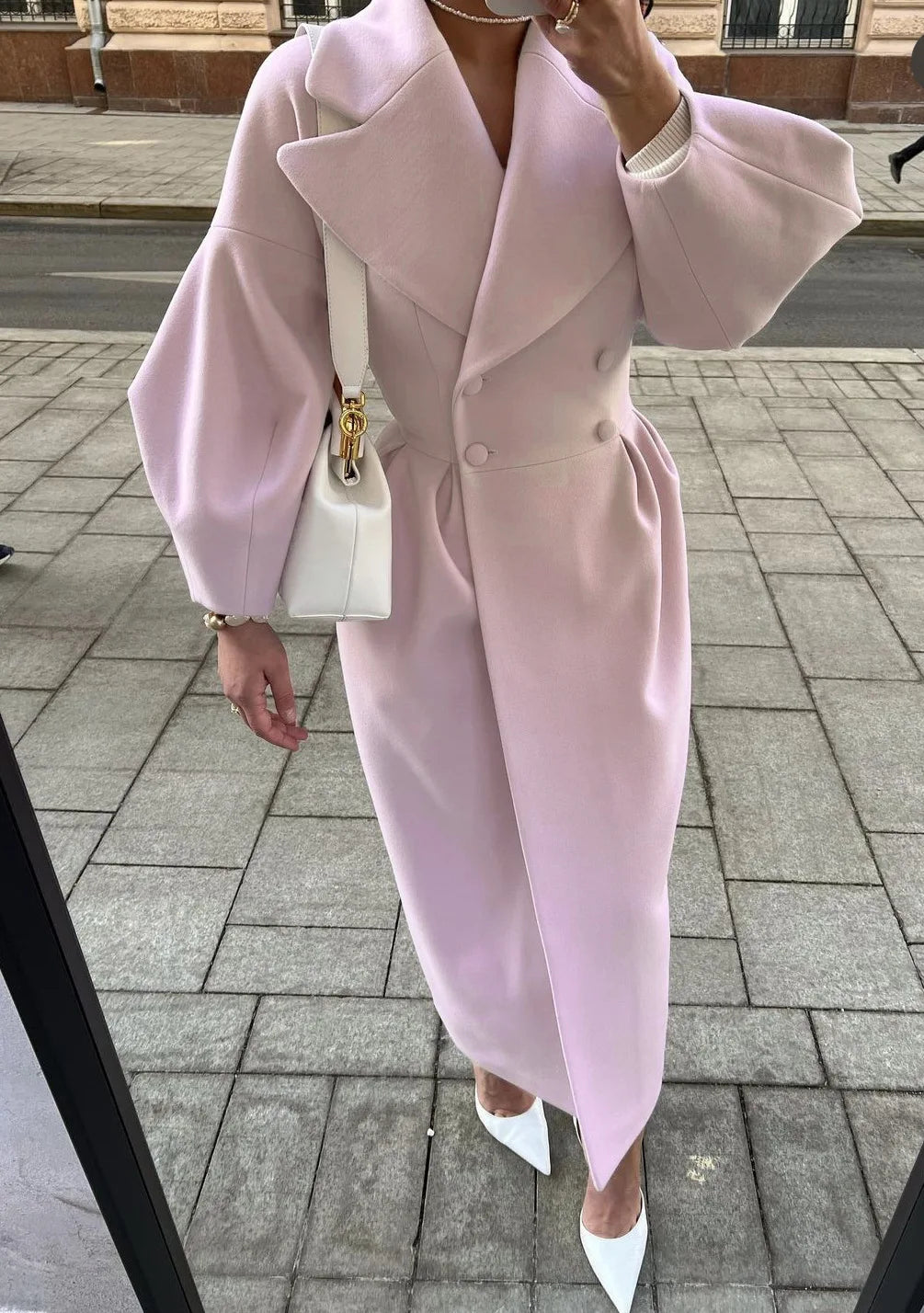 Elegant Solid Woolen Blend Overcoat Women Fashion Thick Lapel Double-Breasted Long Sleeve Jacket 2025 Spring Autumn Lady Outwear