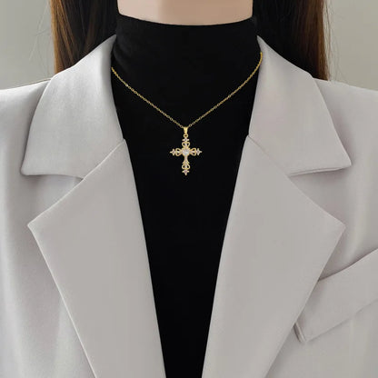 Sweet Cool Hollow Cross with Zircon Pendant Necklace for Women Girls Stainless Steel Chain Punk Cross Accessories Jewelry Gifts