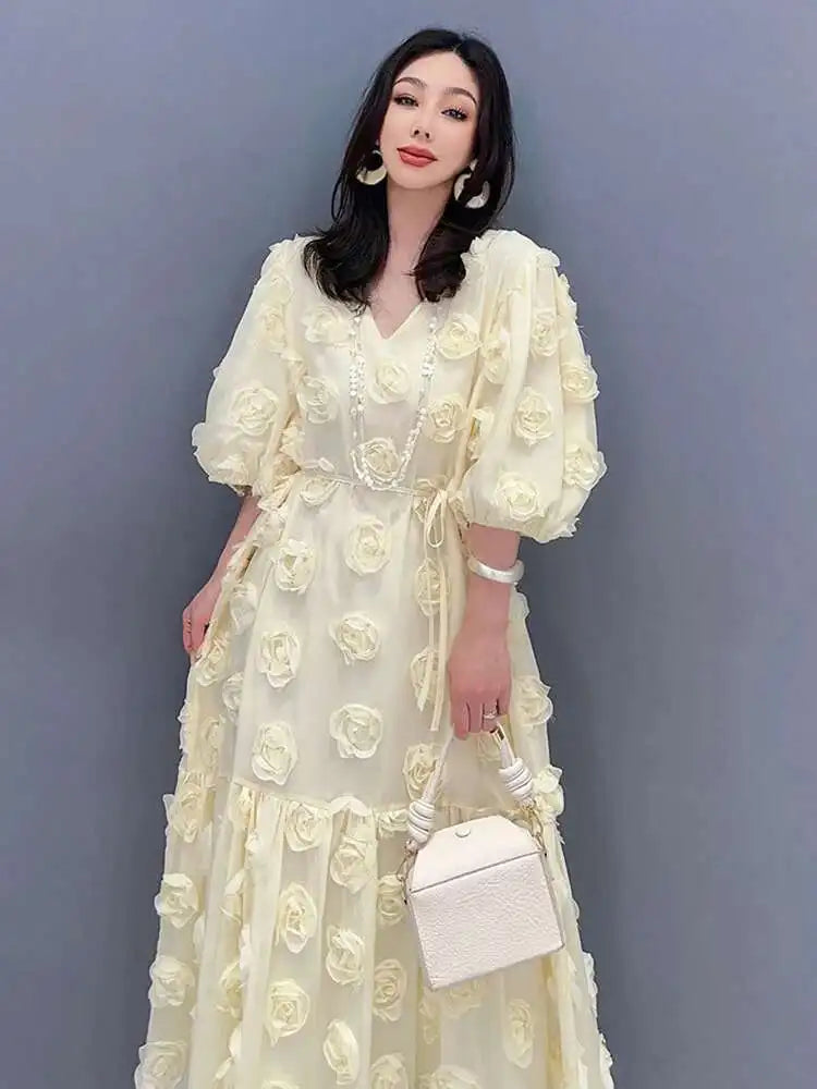 SHENGPALAE Fashion Rose Blossom Bubble Sleeve V-Neck Dress Elegan Chic Short Sleeve Robe Women's 2024 Summer New Clothing 5R3438