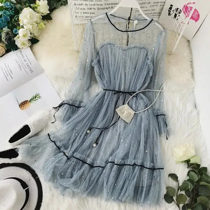 Women Dress Star Shiny Sequin Star Flare Sleeve Lace Up Priceess Korean Fashion Solid Color Elegant Mesh Lace Summer Clothing