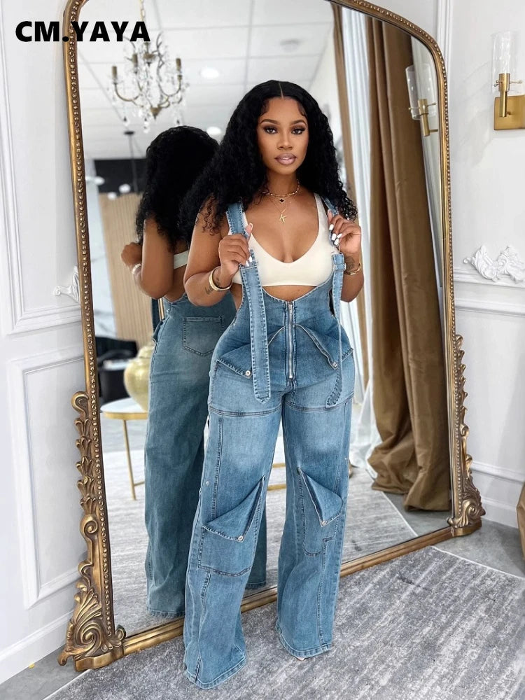 CM.YAYA Women Safari Style Ripped Out Multi Pocke Wide Leg Overalls Denim Pants 2024 Summer Street Fashion Cargo Jeans Trousers
