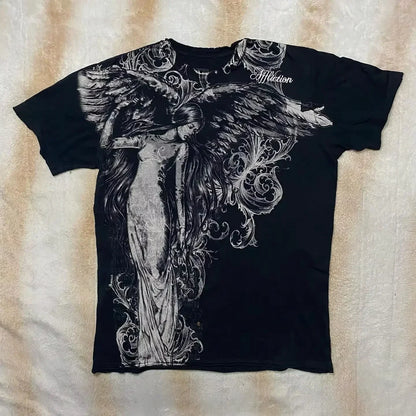 American Hip Hop Retro Loose Cotton Short Sleeve T-shirt Women Street Y2K New Casual Punk Rock T-shirt Unisex Harajuku Joker Top