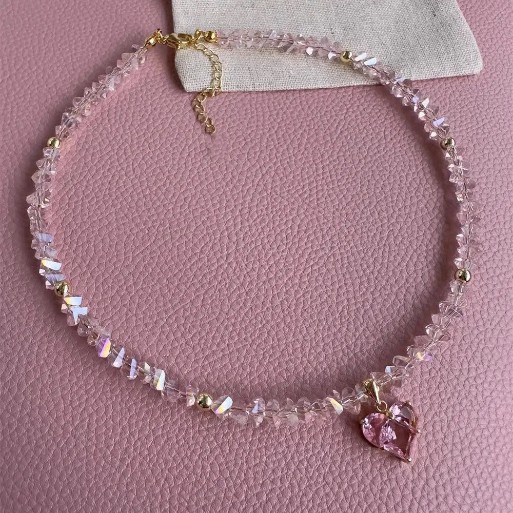 Collier pendentif cœur en zircon et pompons style vintage pour femme, style bohème géométrique baroque, chaîne en cristal transparent