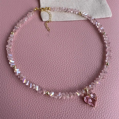 Collier pendentif cœur en zircon et pompons style vintage pour femme, style bohème géométrique baroque, chaîne en cristal transparent