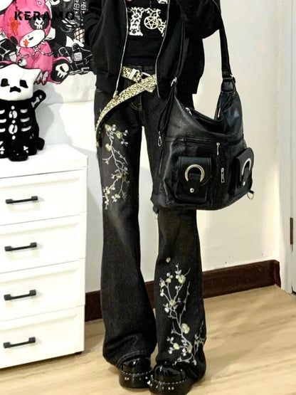 Women's Casual Floral Print Full Length Denim Trouser 2000s Street Retro High Waist Jeans Vintage Dark Trashy Skinny Emo Pants