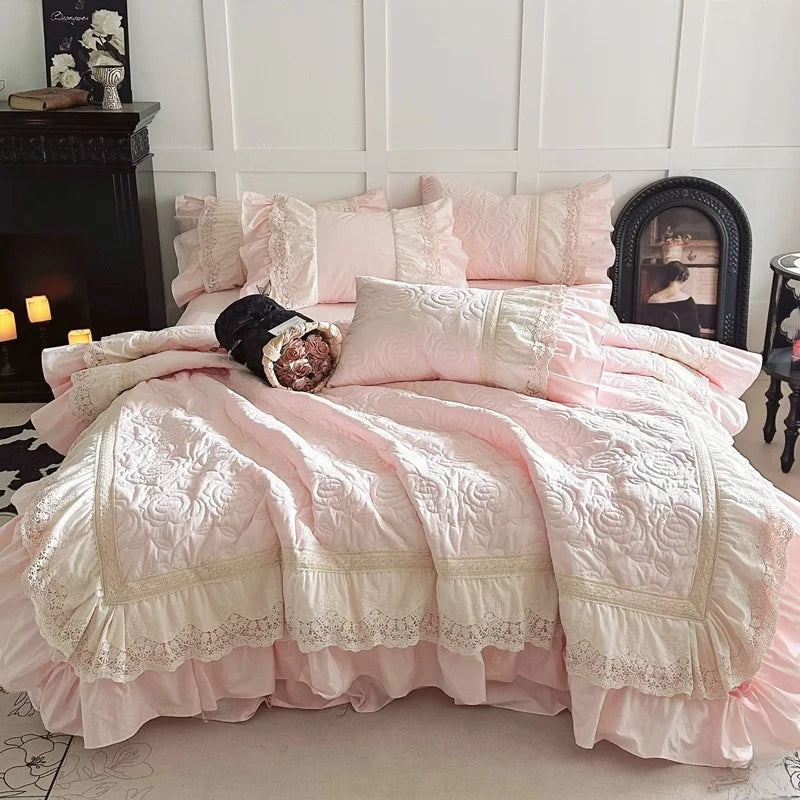 Princ Sle Pure Cotton Pink Bedding Set with Lace s Waed Cotton Duvet Cover eet And Bed Skirt Four Piece Set