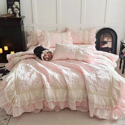 Princ Sle Pure Cotton Pink Bedding Set with Lace s Waed Cotton Duvet Cover eet And Bed Skirt Four Piece Set