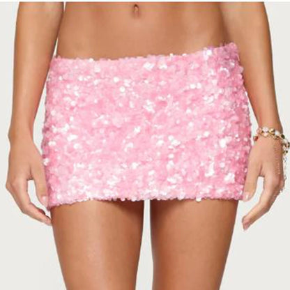 2000s Women's Fashion Soild Color Mini Skirts Sequins Bling Low Waist Skirts Summer Party Bodycon Skirts