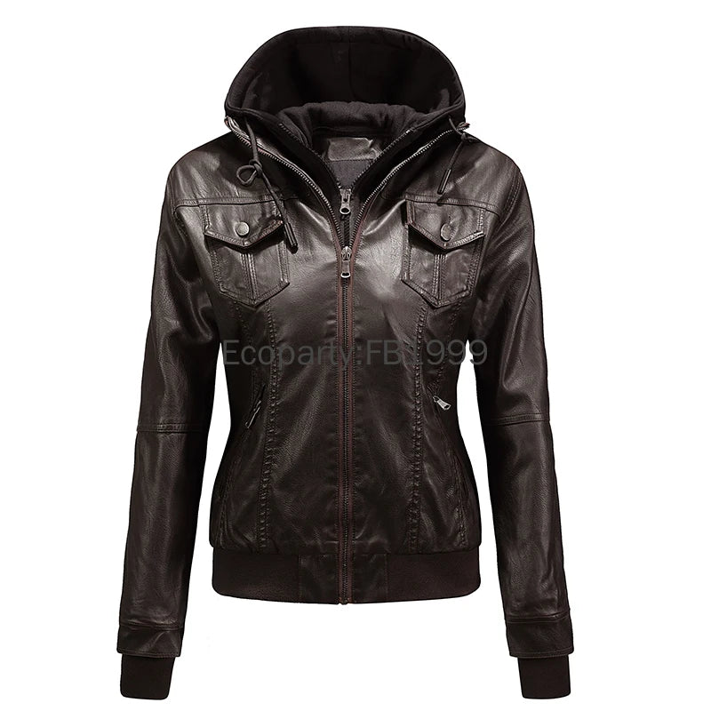 2024 Autumn Winter Women's Motorcycle Jacket Black Slim Pu Leather Removable Hooded Zipper Leather Coat Female Casual Outerwear