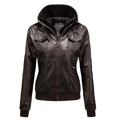 2024 Autumn Winter Women's Motorcycle Jacket Black Slim Pu Leather Removable Hooded Zipper Leather Coat Female Casual Outerwear