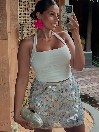 HH Women Fashion Shinny Sequin Mini Skirts Side Zipper High Waist A Line Skirt Summer Woman Elegant Club Party Sexy Lady Skirts