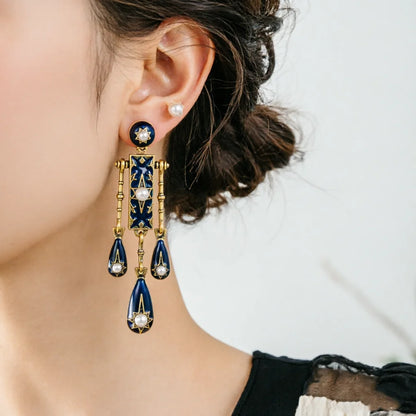 Bohemian Blue Drip Glaze Tassel Earrings Vintage Retro High-End Sensation Daily Commute Ear Jewelry Women's Fashion Accessories