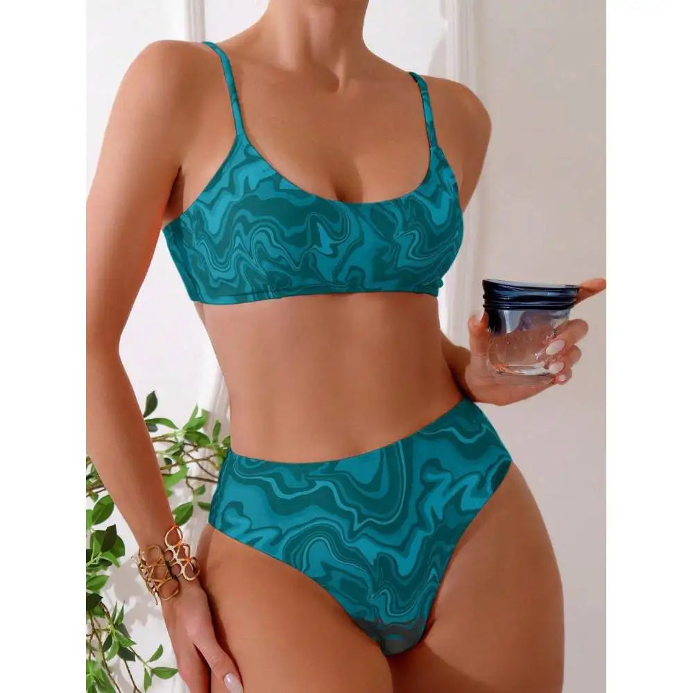 Cikini Women's Vacation Marble Print Casual Bikini Set, Three-Piece Bikini Set With Cover-Up Shorts, Random Print Summer Beach