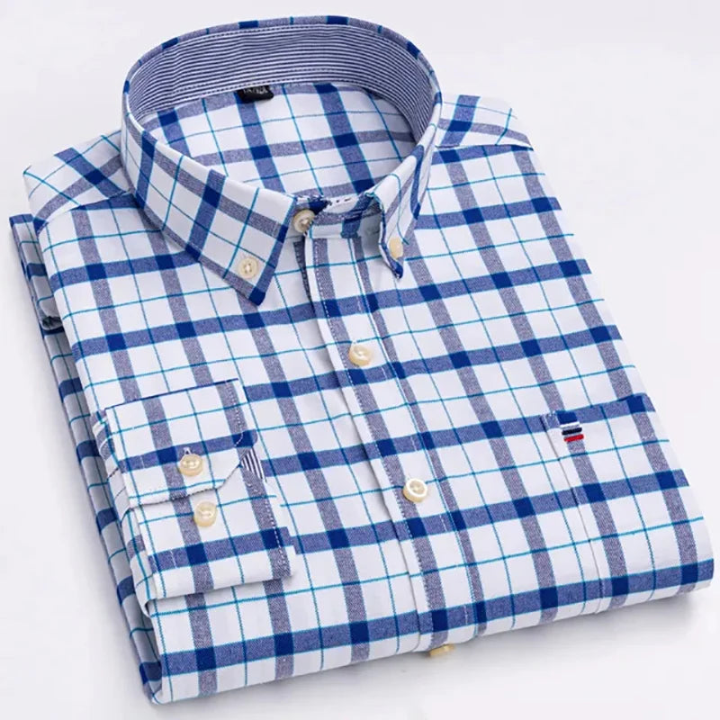Men's Long Sleeve Oxford Dress Shirt 100% Cotton Plaid Checkered Chest Pocket Button Down Collar Casual Shirts