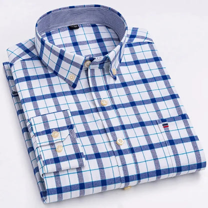 Men's Long Sleeve Oxford Dress Shirt 100% Cotton Plaid Checkered Chest Pocket Button Down Collar Casual Shirts
