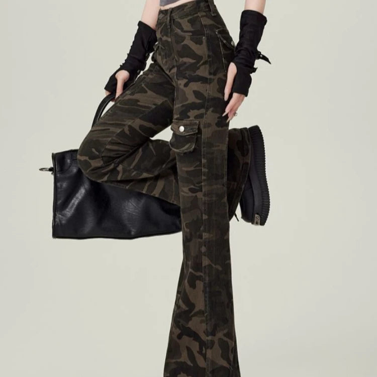 High Waist Jean Women Camouflage Cargo Style Skinny American Streetwear Aesthetic 2000s Y2k Jeans Flare Trousers Designed Chic