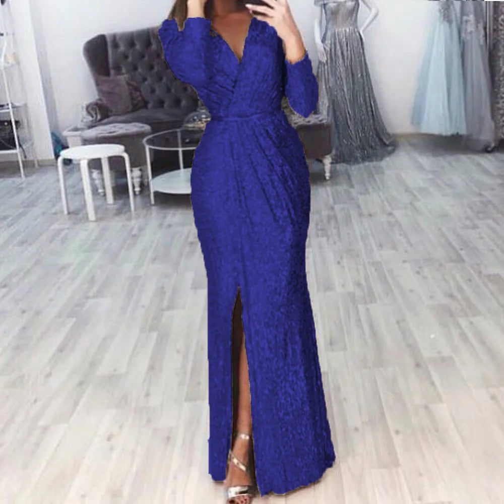 Women's Sequin High Slit Party Dresses Ruched Evening Glitter Dress Deep V Neck Long Sleeve Vestidos 2025 Autumn Female New Robe