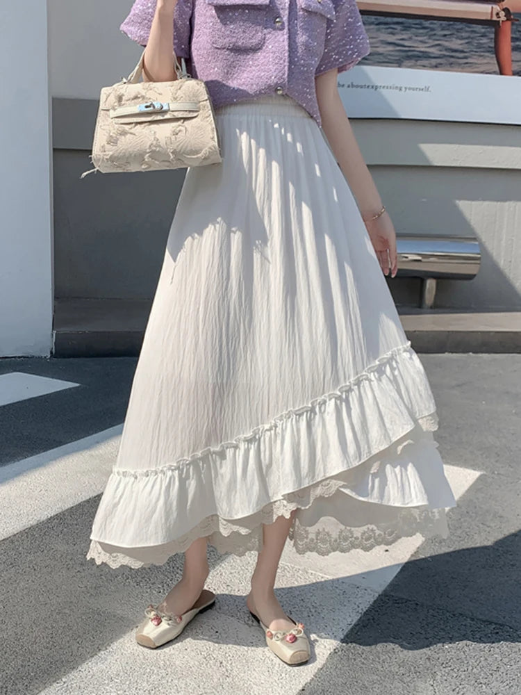 Zoki Korean Pink Long Skirt Women Sweet Vintage High Waist Preppy Style Skirt Casual Loose Lace Patchwork Irregular Long Skirts