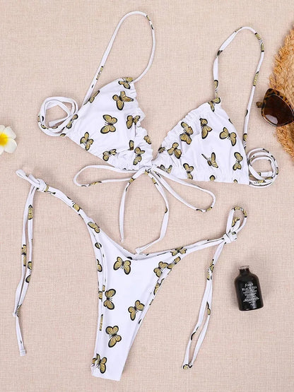 Sexy Printed Ruffled Frilled Thong Bikini Women Swimwear Female Swimsuit Two Pieces Bikini set Micro String Bathing Suit Swim