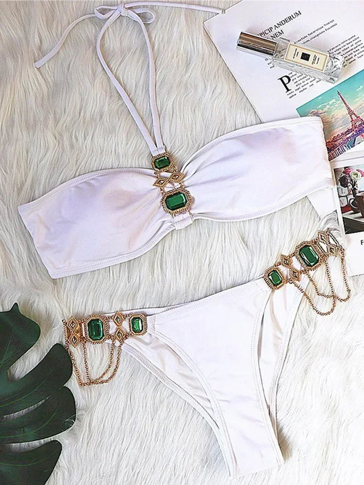 Halter Crystal Rhinestone Diamond Bikini 2025 Female Swimsuit Women Swimwear Two Pieces Bikini set Brazilian Bathing Suit Swim