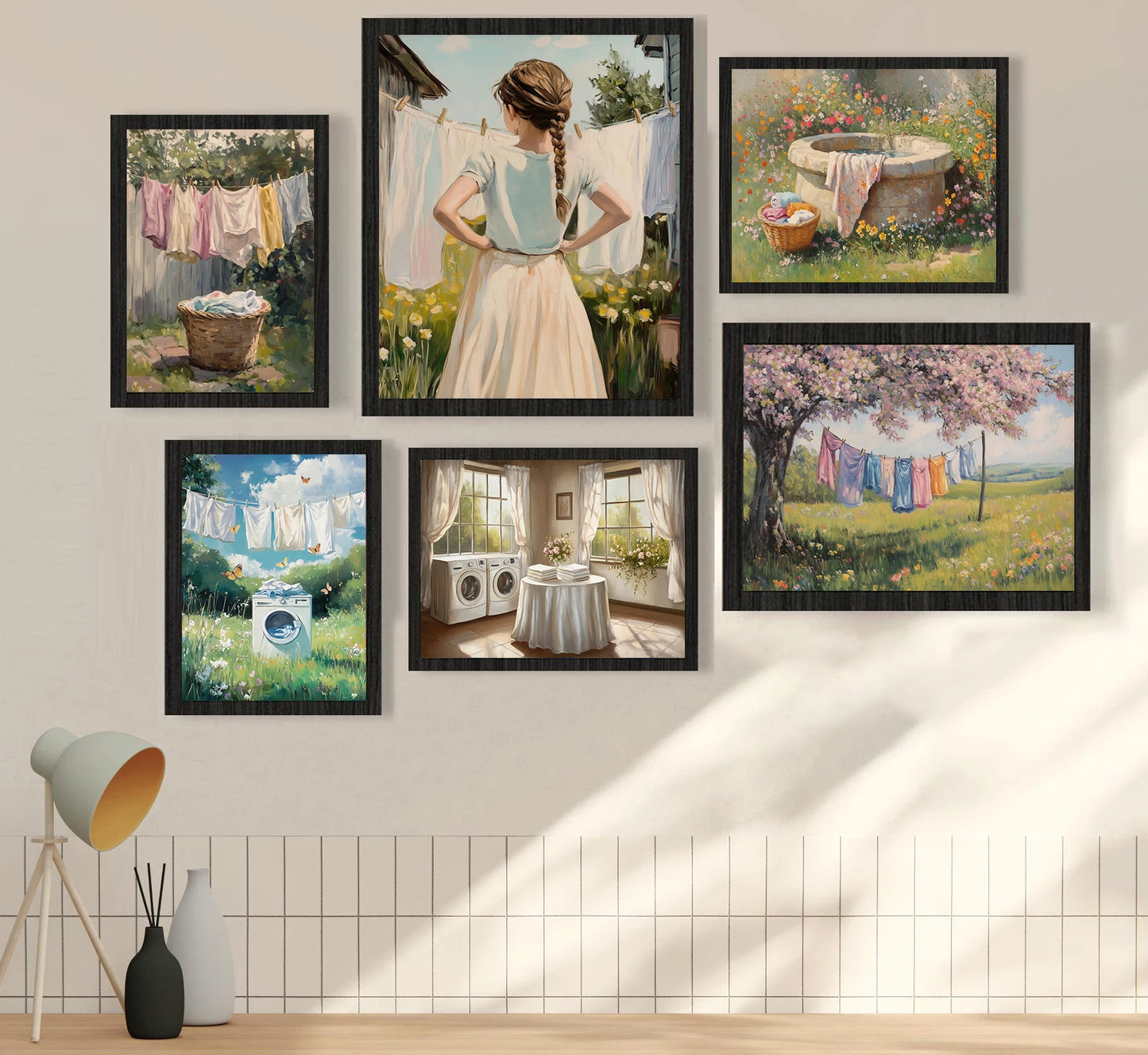 Classic Oil Painting Laundry Room with Clothes Hanging Poster Canvas Art Painting Printing Home Room Wall Pictures Decor Gift