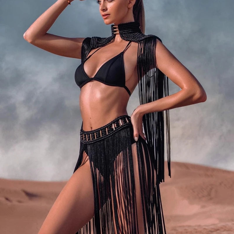Hand Crochet Knitted Women Bikini Cover Ups 2023 Summer Holiday Tassel Beach Bathing Suit Sexy Hollow Out Skirts Matching Set