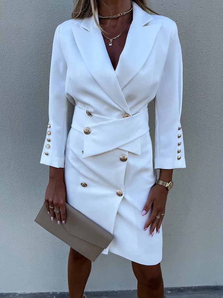 Casual Long Sleeve Blazer Beach Dress Spring V Neck Solid Slim Suit Dress Cover-Ups Elegant Women Straight Dress Bikini Cover-Up