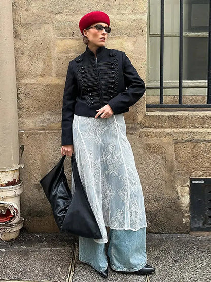 2026 Spring New Women's Jackets Fashion Napoleon Style Single-breasted Long Sleeve Coat Female Black Slim Fit Crop Lady Coats