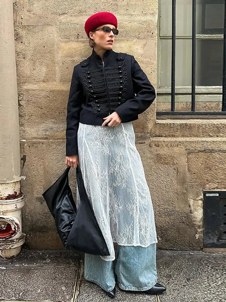 2026 Spring New Women's Jackets Fashion Napoleon Style Single-breasted Long Sleeve Coat Female Black Slim Fit Crop Lady Coats