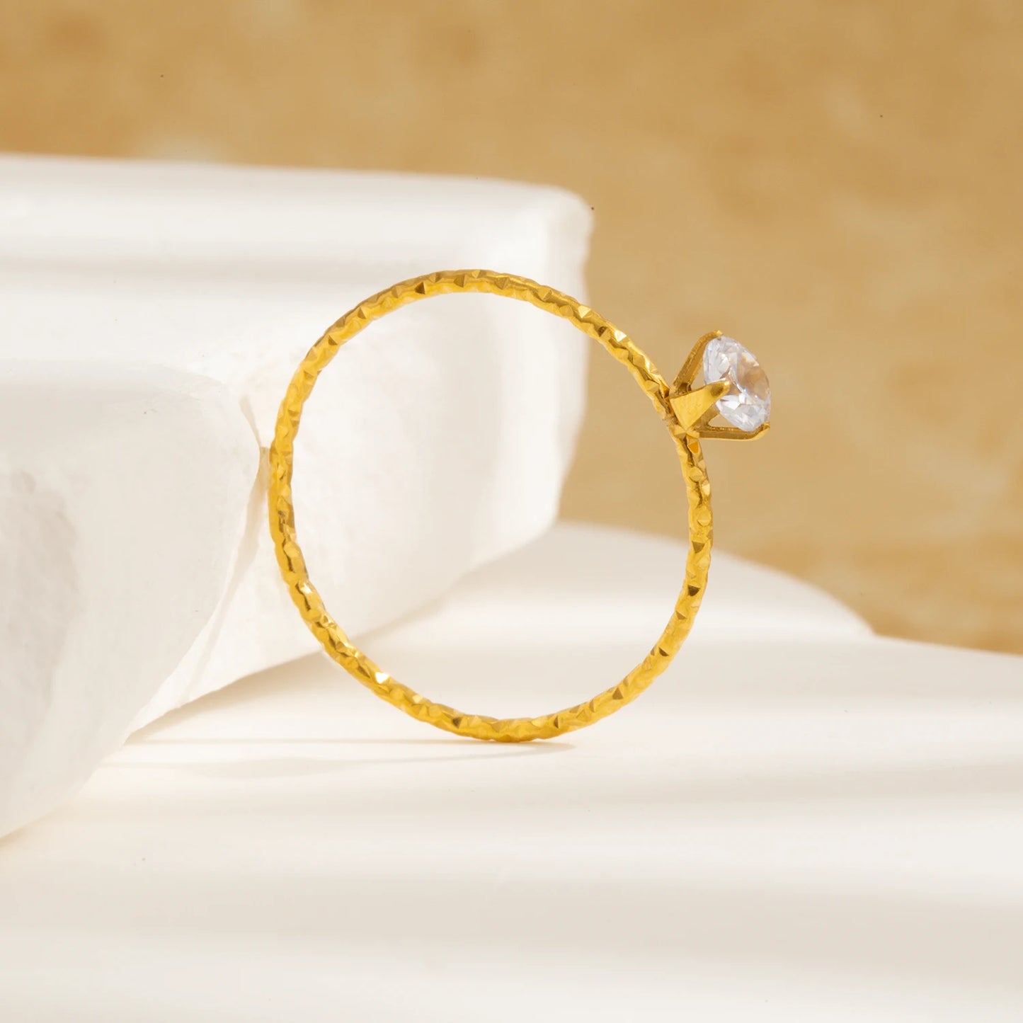 Ultra Thin Mini Ring for Women, Single Zirconia Gold Plated Stainless Steel, Hypoallergenic Dainty Minimalist Jewelry