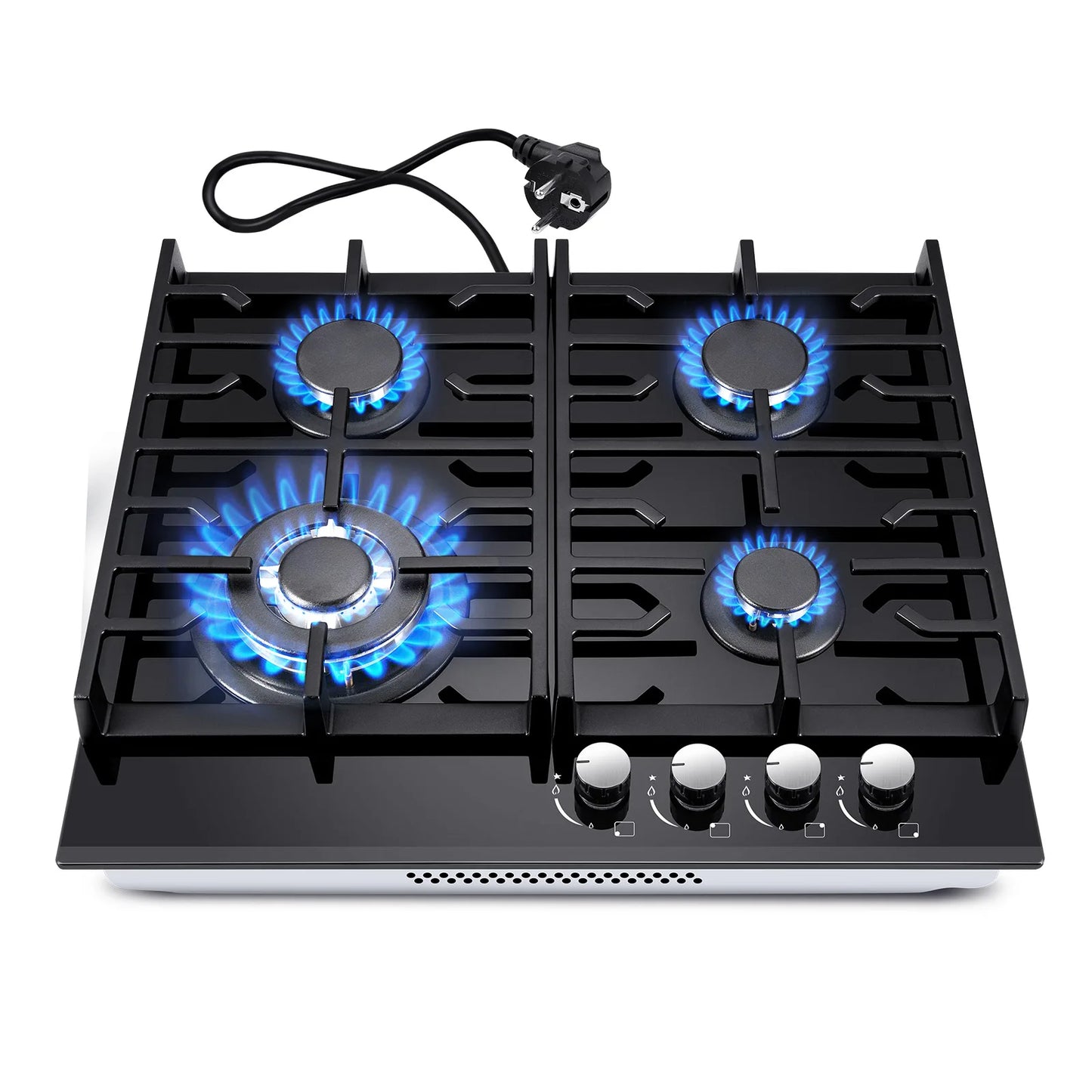 60cm Built-in Gas Hob 4 Burner | Flame Failure Protection & Cast Iron Grates | Black Glass Dual Fuel (NG/LPG)