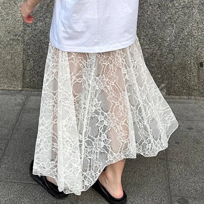 hirigin Women Fairy Lace Maxi Skirt Y2K Vintage Sheer Mesh Lace Floral Bodycon Long Skirt Sexy See-Through Half Slip Skirts