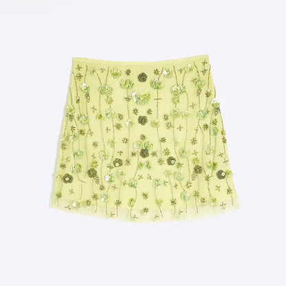Chic Sequins Beads Women's Mini Skirt Fashion Lace Patchwork Slim A-line Skirts Female 2025 Summer New Lady Beachwear Holiday