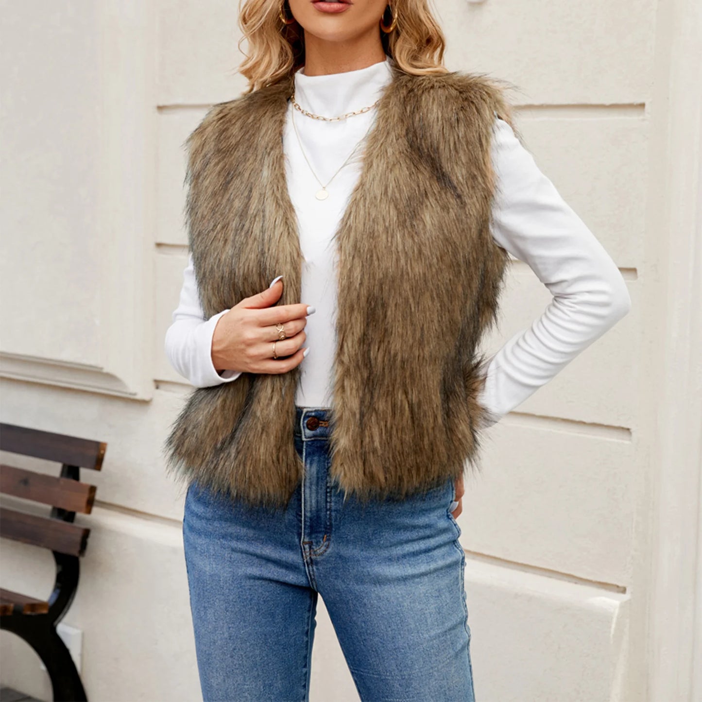 Women Faux Fur Vest Coat Sleeveless Open Front Gilet Outerwear for Fall Winter Casual Street