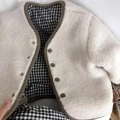 Neue Herbst- und Winterjacke für Kinder: Warme, beidseitig tragbare karierte Plüschjacke, Winterkleidung für Mädchen