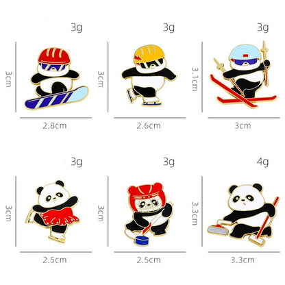 6 Styles Funny Winter Sports Panda Design Enamel Brooches Cartoon Animal Playing Skiing Fancy Speed Skating Curling Golden Pins