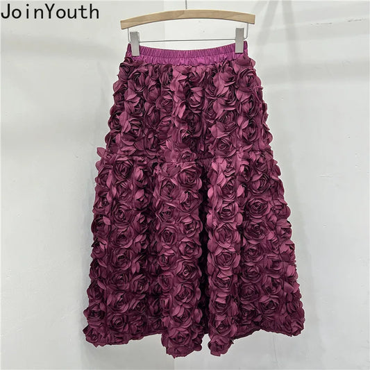 Chic 3D Floral Skirt for Women Temperament Jupe 2025 Faldas Mujer De Moda High Waist Loose Saia A-line Sweet Solid Color Skirts
