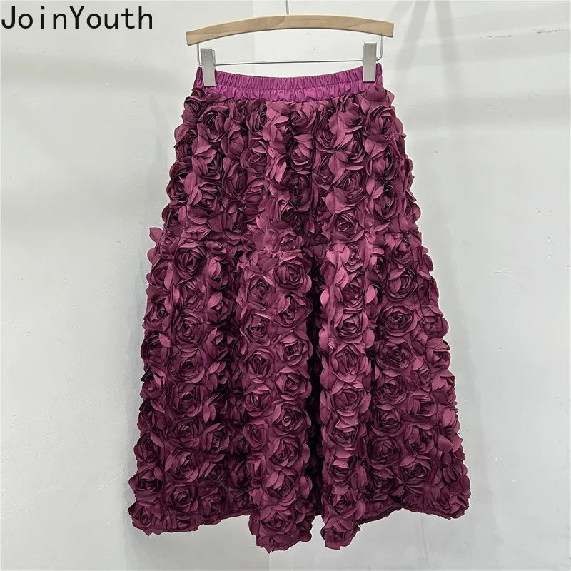 Chic 3D Floral Skirt for Women Temperament Jupe 2025 Faldas Mujer De Moda High Waist Loose Saia A-line Sweet Solid Color Skirts