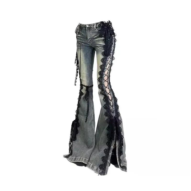 REDDACHiC Y2k Low Waist Strappy Jeans Bell Bottoms Retro Stitch Lace Hollow Eyelets Split Stretch Bootcut Pants Women Streetwear