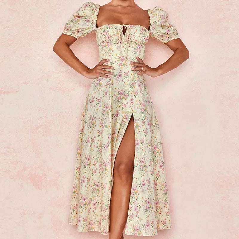 Skinny floral prints Dresses for Summer Women's Dress Square Neck Short Bubble Sleeves High Waist Lace-up Maxi Split Dress