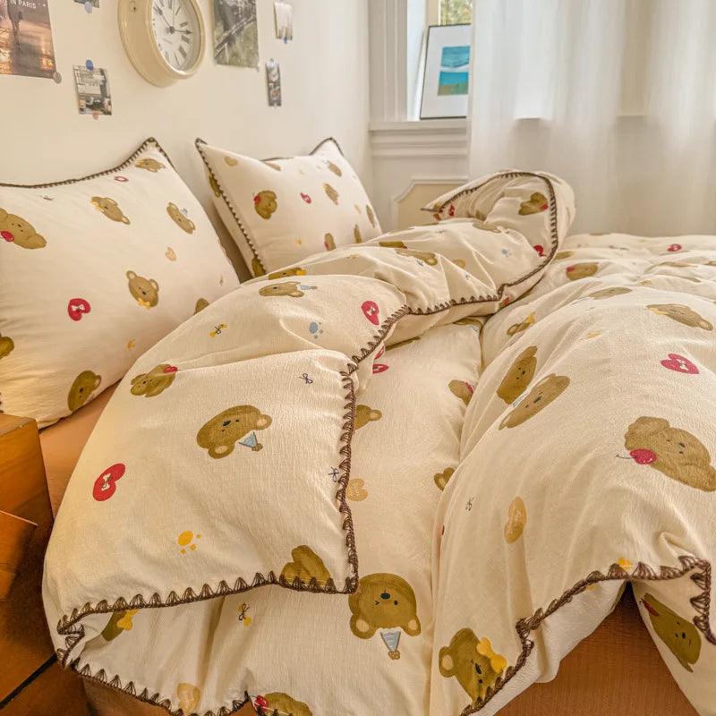 Skin-Friendly Double-Layer Yarn Bedding Set New Country Floral Soft Comforter Sets 100% Cotton Fitted Sheet Kit with Quilt Cover