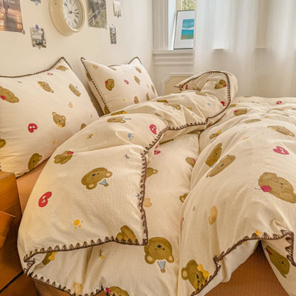Skin-Friendly Double-Layer Yarn Bedding Set New Country Floral Soft Comforter Sets 100% Cotton Fitted Sheet Kit with Quilt Cover