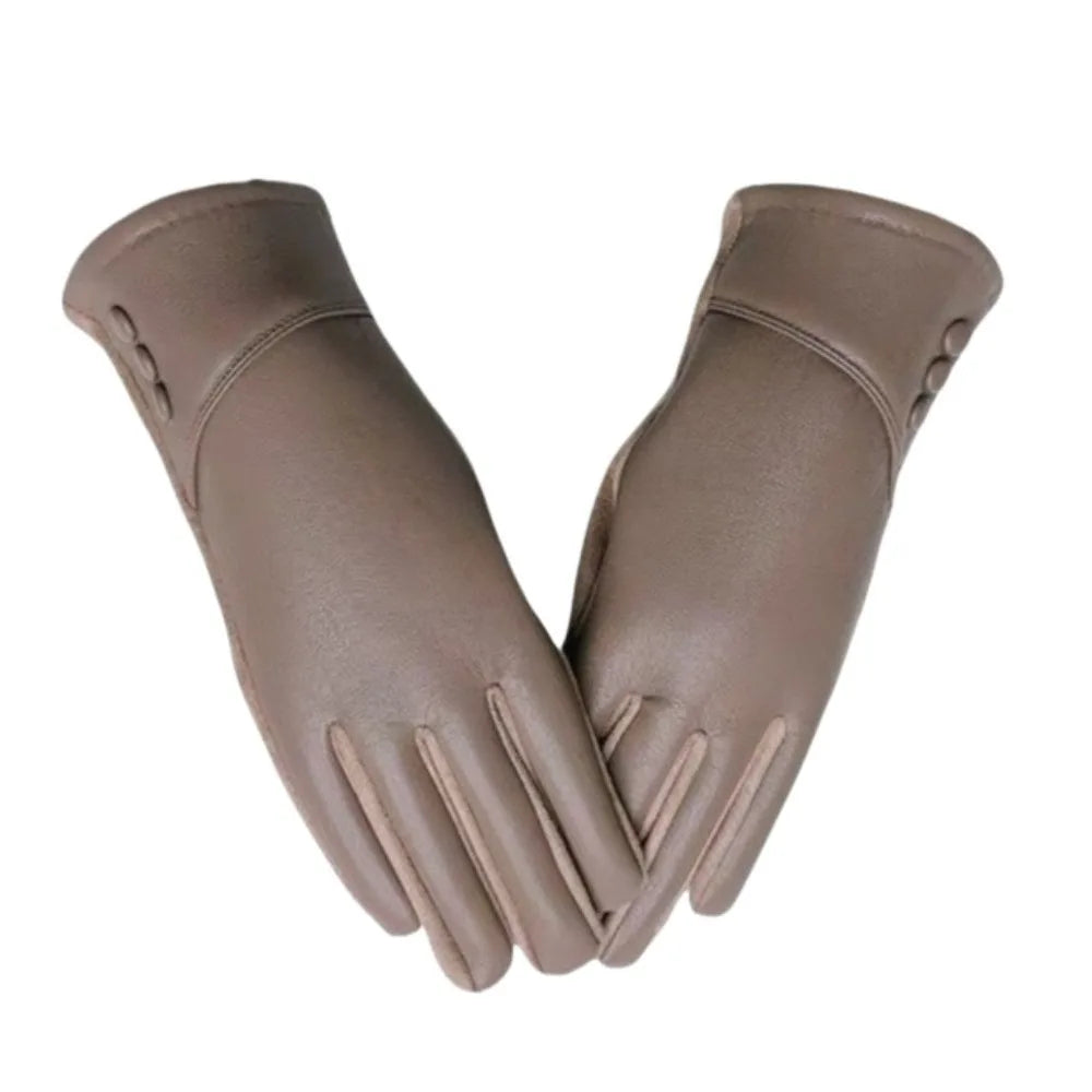 Simple Solid Color Full Finger Mittens Button Thickened Women Leather Gloves Windproof Keep Warm Touch Screen Gloves Outdooor
