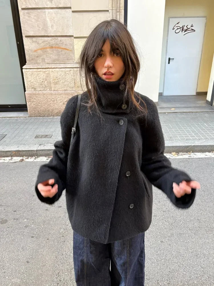 Women Fashion Solid Woolen Coats Casual High Neck Full Sleeve Single Breasted Loose Cropped Coat Lady Street Leisure Outerwear