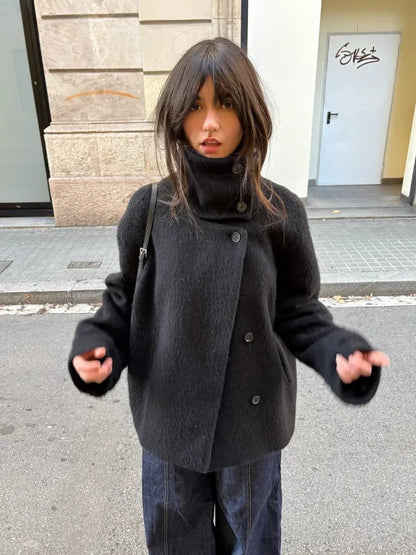 Women Fashion Solid Woolen Coats Casual High Neck Full Sleeve Single Breasted Loose Cropped Coat Lady Street Leisure Outerwear