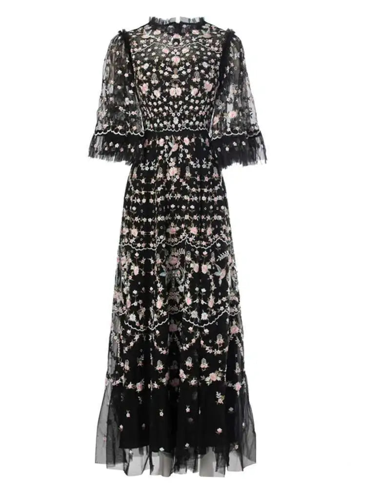 IEQJ Printing Embroidered Fales Design Dresses For Women Round Neck Short Sleeve High Waist Elegant Dress Autumn 2025 3WM1391